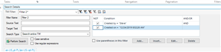 Trados Studio filter settings showing conditions set for 'Created by = User' and 'Created on = 12242019'.