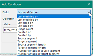 Close-up of the 'Add Condition' dialog box in Trados Studio with the 'Last modified on' field selected and a calendar date picker open.
