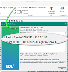 Screenshot of Trados Studio 2019 SR2 - 15.2.5.2145 version information window, showing no errors or warnings.