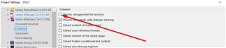 Trados Studio Project Settings window with a red arrow pointing to the checked option 'Process unsupported file versions'.