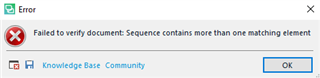Error message in Trados Studio stating 'Failed to verify document: Sequence contains more than one matching element'.