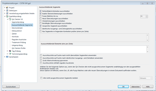 Trados Studio QA Checker settings window in German, showing options for excluding segments from QA such as 'Locked Segments' and 'Segments to Exclude'.
