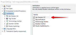 Trados Studio project settings window with a red arrow pointing to the QA Checker 3.0 option under the Verification tab, indicating it should be checked.