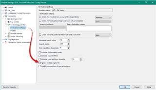 Trados Studio Project Settings window showing the Verification tab with QA Checker 3.0 unchecked and Terminology Verifier options visible.