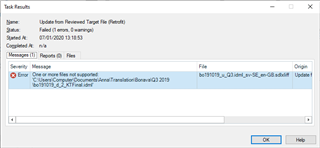 Trados Studio Task Results window showing an error message 'One or more files not supported' for an IDML file during a retrofit operation.