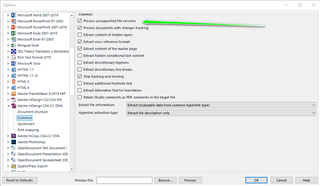 Trados Studio settings window with 'process unsupported file versions' option highlighted in green.