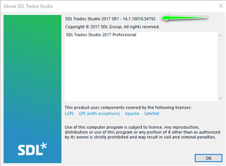About SDL Trados Studio dialog box showing version 2017 SR1 - 14.1.10018.54792 with a green checkmark indicating the latest release.
