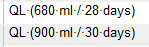 Screenshot of Trados Studio Project TM with two entries 'QL: (680 ml  28 days)' and 'QL: (900 ml  30 days)' with consistent spacing.