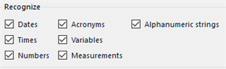 Trados Studio settings window with 'Recognize' options for Dates, Acronyms, Alphanumeric strings, Times, Variables, Numbers, and Measurements.