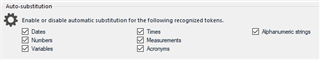 Trados Studio 'Auto-substitution' settings window with options for Dates, Times, Numbers, Measurements, Variables, and Acronyms.