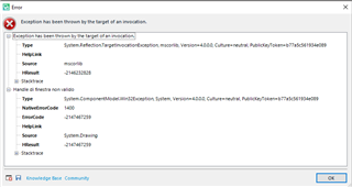 Screenshot of Trados Studio error message stating 'Exception has been thrown by the target of an invocation' with details including source, target site, and stack trace information.