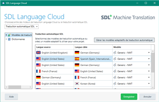 SDL Language Cloud window showing Machine Translation with a list of language pairs and associated engines, including Generic - NMT for English to German and French to Korean.