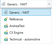 Dropdown menu displaying translation engine options such as Generic - NMT, Reference, AndreaTest, CX Engine, and Technical - automotive.