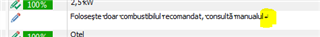 Screenshot of Trados Studio showing a warning message 'Foloseste doar combustibil recomandat, consulta i manualul' highlighted in yellow.