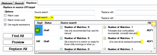 Screenshot of Trados Studio's 'Find and Replace' feature with regular expression 'n' entered in 'Target search' field and 'Replace with' field empty. 'Replace All' button appears inactive.