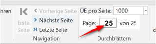 Screenshot showing Trados Studio pagination control with 'Letzte Seite' button and page number field displaying 'Page: 25 von 25'. A red arrow points to the page number field.