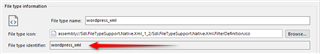 Trados Studio File Type Information dialog with 'wordpress_xml' entered as the File type definition.