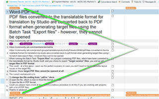 Screenshot of Trados Studio forum post warning that PDF files converted to SDLXLIFF cannot be exported back to PDF using the 'Export files' batch task.