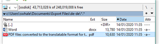 Screenshot of a Windows file explorer showing a corrupted PDF file in the 'Export Files' folder of Trados Studio with a size of 10,640 bytes.