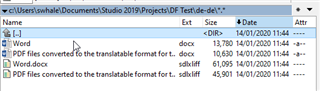 Screenshot of a Windows file explorer showing a Trados Studio project folder with Word and SDLXLIFF files, including a corrupted PDF file.