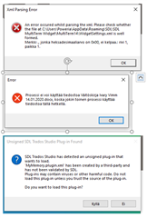 Error message from Trados Studio about MultiTerm Widget parsing error with suggestion to check the widget settings at PluginSettings.xml.