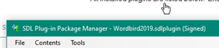 Screenshot of Trados Studio with SDL Plugin-in Package Manager window open, displaying Wordbird2019.sdlplugin (Signed).