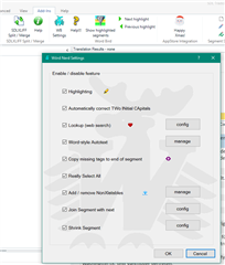 Screenshot of Trados Studio showing the 'Enabledisable features' window with various options like 'Automatically correct Two Initial Capitals' and 'Lookup web search'.