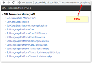Webpage screenshot of SDL Translation Memory API documentation from 2015, highlighting the EditScript class in the API schema.