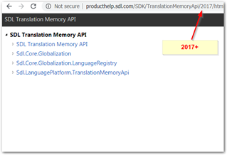 Webpage screenshot of SDL Translation Memory API documentation from 2017 or later, showing missing EditScript class and other components.