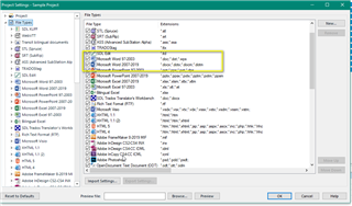 Trados Studio screenshot showing file type settings with a list of Microsoft Word versions and a highlighted 'doc' option.
