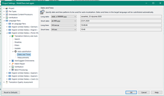 Trados Studio Project Settings window showing Auto-substitution tab for dates and times with options for short date, long date, short time, and long time formats.