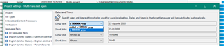 Close-up of Trados Studio Auto-substitution settings with drop-down menus for date and time formats, including options like 'dd-MMM-yy' and 'HH:mm'.