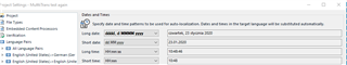 Trados Studio Auto-substitution settings with a warning icon indicating an issue with the selected date format 'dddd, dd MMMM yyyy'.
