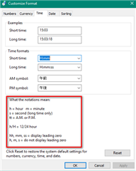 Customize Format dialog box with 'Time' tab selected, showing various time format options and a red box highlighting the explanation of time notations like 'h' for hour and 'm' for minute.