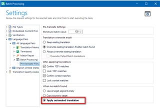 Trados Studio settings window with 'Batch Processing' selected. 'Apply automated translation' option is highlighted in red.