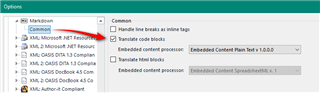 Trados Studio options menu showing 'Embedded Content Processor' with 'Handle line breaks as inline tags' and 'Translate code blocks' options.