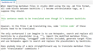 Text editor in Trados Studio displaying markdown file content with code blocks between backticks marked as untranslatable tags.