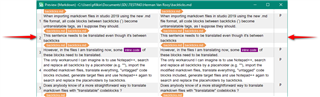 Trados Studio showing a side-by-side comparison of source and target translation segments with 'inline code' highlighted for translation.
