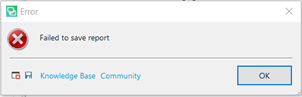 Error message pop-up in Trados Studio stating 'Failed to save report' with options for Knowledge Base and Community.
