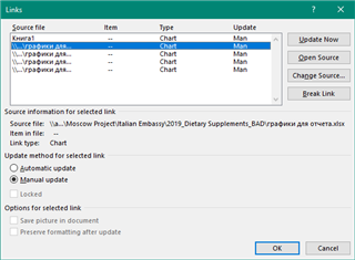 Links dialog box showing a list of source files with type 'Chart' and update method 'Man' with options to update now, open source, change source, or break link, and settings for manual or automatic update.