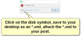 Error message popup in Trados Studio saying 'Failed to save report' with an OK button and Knowledge Base Community link.