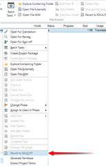 Trados Studio screenshot showing the Files View with an arrow pointing to the 'Revert to SDLXLIFF' option in the right-click context menu.