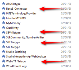 Screenshot of Trados Studio showing a list of plugins with red arrows pointing to ASS filetype, SdlCommunity.NumberVerifier, and SRT filetype indicating they are not needed or supported.