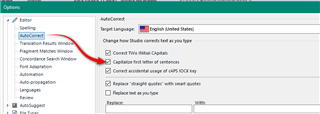 Trados Studio options menu showing AutoCorrect settings with 'Correct TWo INitial CApitals' option highlighted.