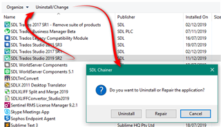 Control Panel window showing a list of installed programs including multiple versions of SDL Trados Studio. A dialog box asks 'Do you want to Uninstall or Repair the application?' with options to Uninstall, Repair, or Cancel.