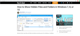 Screenshot of a How-To Geek article titled 'How to Show Hidden Files and Folders in Windows 7, 8, or 10' with a visible Windows file explorer window.
