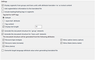 Screenshot of Trados Studio settings with options such as 'Display segments from groups and trans-units with attribute translate=no as locked content' and 'Include leadingtrailing tags in segments'. The 'Display text structure for group elements' option is set to 10. No errors or warnings visible.