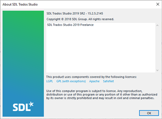 Screenshot of SDL Trados Studio 2019 SR2 - 15.2.5.2145 about dialog box showing copyright and license information with an OK button.