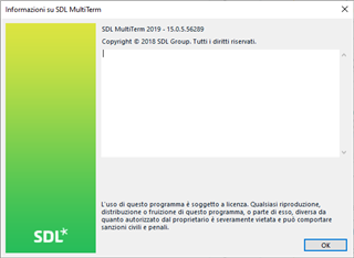 Screenshot of SDL MultiTerm 2019 - 15.0.5.56289 about dialog box in Italian, displaying copyright and license details with an OK button.