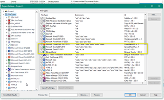 Trados Studio Project Settings window showing File Types list with Microsoft Excel highlighted and its details displayed, including the enabled status and version.